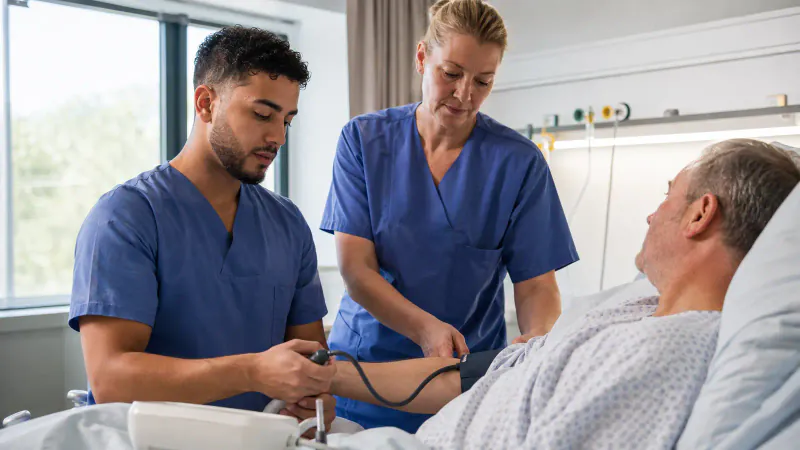 Nurse checks a patient's vital signs in a hospital