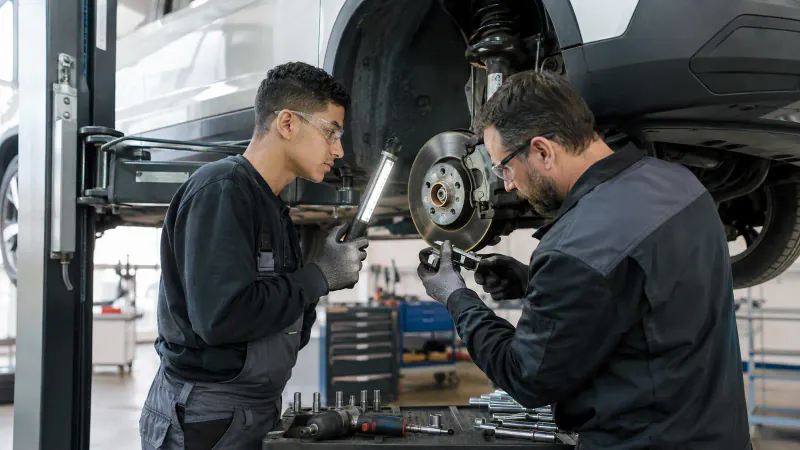 Technicien mécatronique automobile travaillant dans un atelier