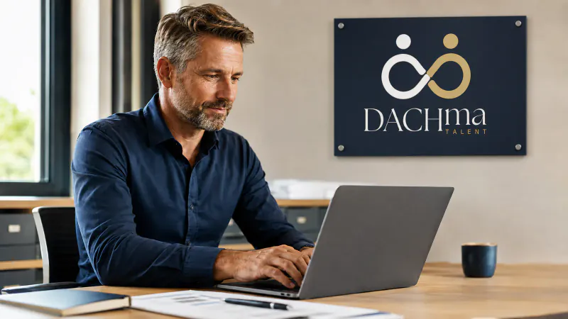 Arbeitgeber bearbeitet am Laptop eine Anfrage zum Personalbedarf; an der Bürowand hängt das DACHma Talent Firmenschild