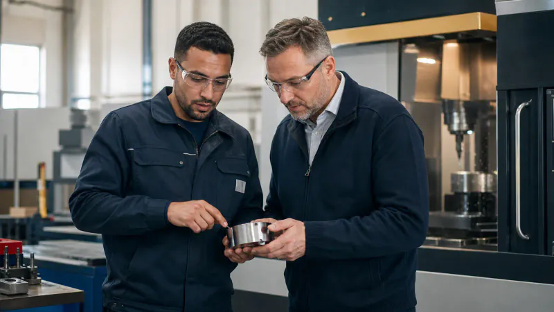 International skilled worker and German operations manager jointly inspect a technical component