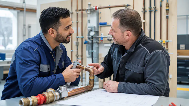 Marokkanischer SHK-Fachmann und deutscher Meister besprechen eine Rohrbaugruppe bei einer Arbeitsprobe