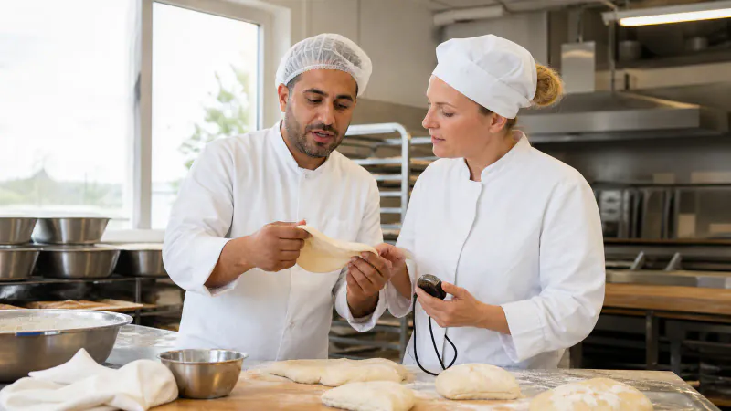 Marokkanischer Bäcker und deutsche Produktionsleiterin prüfen gemeinsam die Teigbeschaffenheit