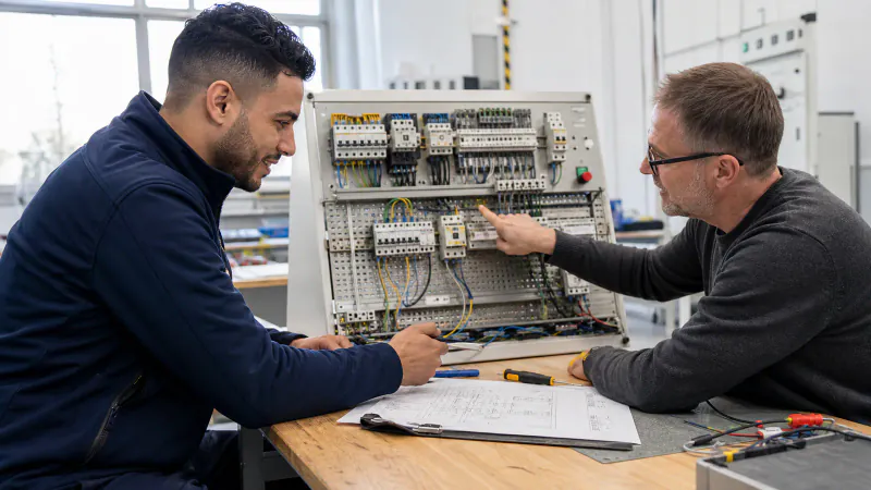 Marokkanischer Elektroniker und deutscher Meister besprechen eine sichere Arbeitsprobe an einer Übungstafel