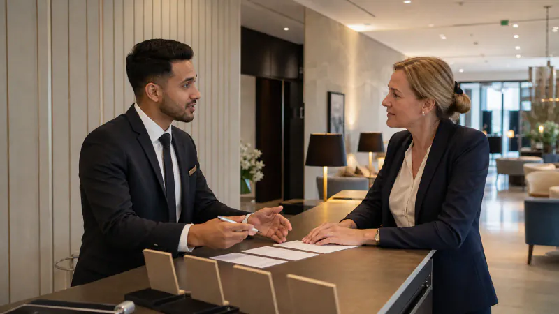 Moroccan hotel professional and German hotel manager discussing a guest scenario in a structured interview