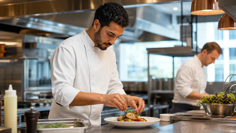 Chef from Morocco plating a dish in a modern German hotel kitchen