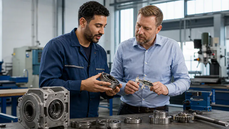 Marokkanischer Industriemechaniker und deutscher Produktionsleiter prüfen ein Bauteil bei einer Arbeitsprobe