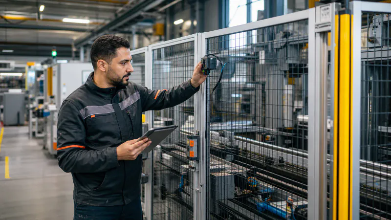 Marokkanischer Mechatroniker prüft eine geschützte Produktionsanlage in einem deutschen Industriebetrieb