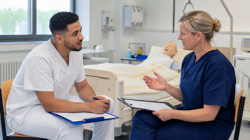 Spécialiste des soins infirmiers marocains et chef des soins infirmiers allemand menant un entretien de compétence dans une salle de simulation