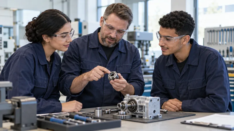 Zwei angehende Auszubildende mit einem Trainer in einer modernen Werkstatt – Symbolbild