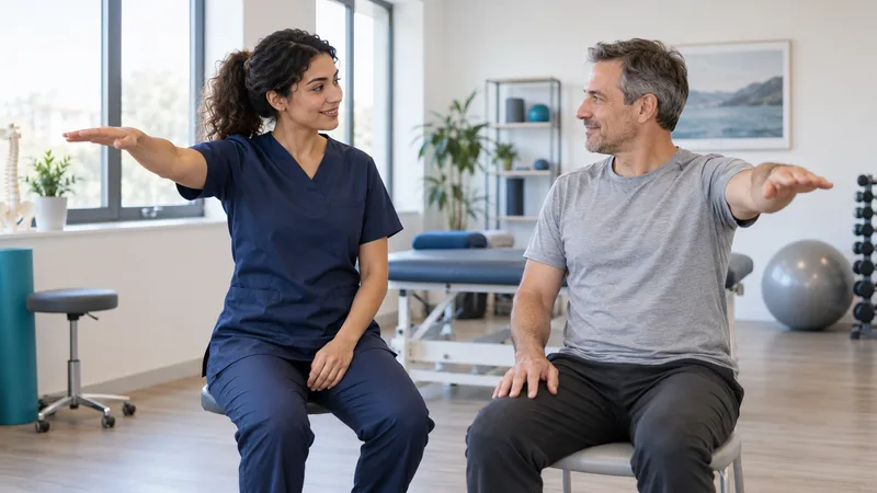 Physiotherapeutin erklärt einem Patienten eine Schulterübung in einer hellen Praxis – Symbolbild