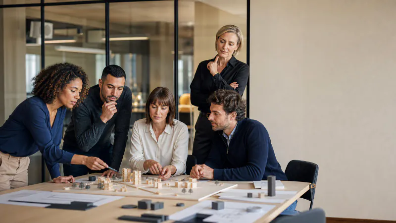Des dirigeants expérimentés et émergents travaillent ensemble pendant une évaluation structurée du leadership