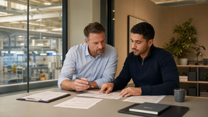 Arbeitgeber bespricht mit einer Fachkraft aus Marokko den betrieblichen Anerkennungs- und Qualifizierungsplan