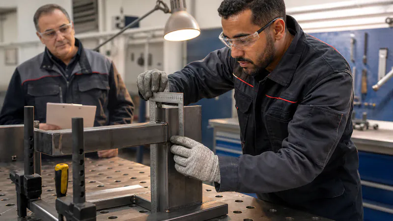Supervised welding work sample with protective equipment on a prepared test piece