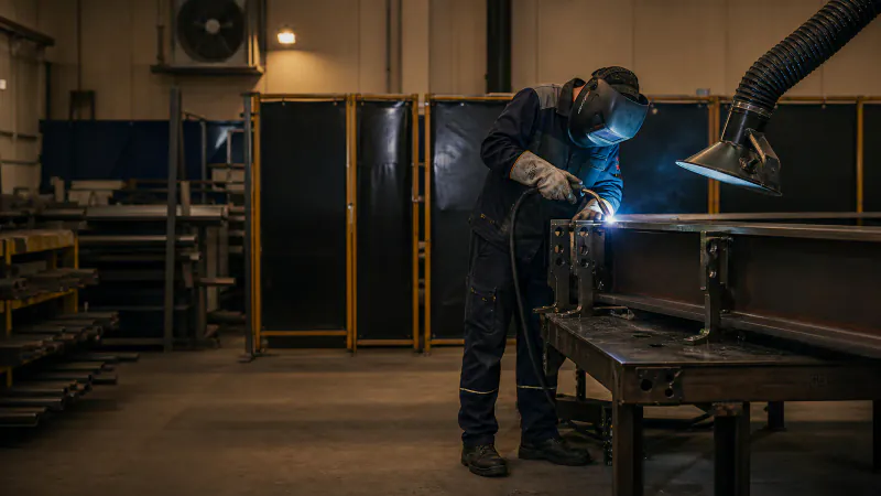 Metalworker from Morocco and a German master craftsperson reviewing a technical drawing in a fabrication workshop