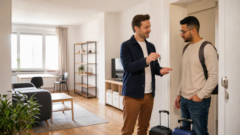 HR manager shows an international professional a bright and prepared initial apartment