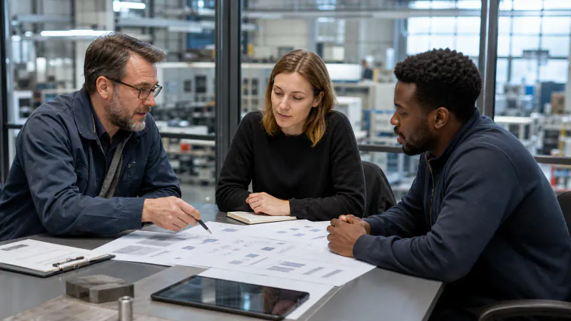 Fach- und Personalverantwortliche klären mit einem internationalen Kandidaten ein technisches Rollenprofil