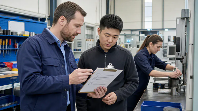 Supervisor explaining the induction process to a new international skilled worker using a checklist