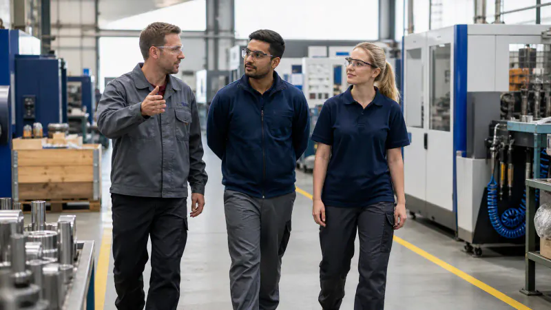Team manager accompanying a new international skilled worker on a safety tour of a manufacturing site