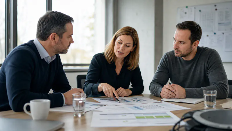 HR managers discussing their need for international skilled workers around a conference table