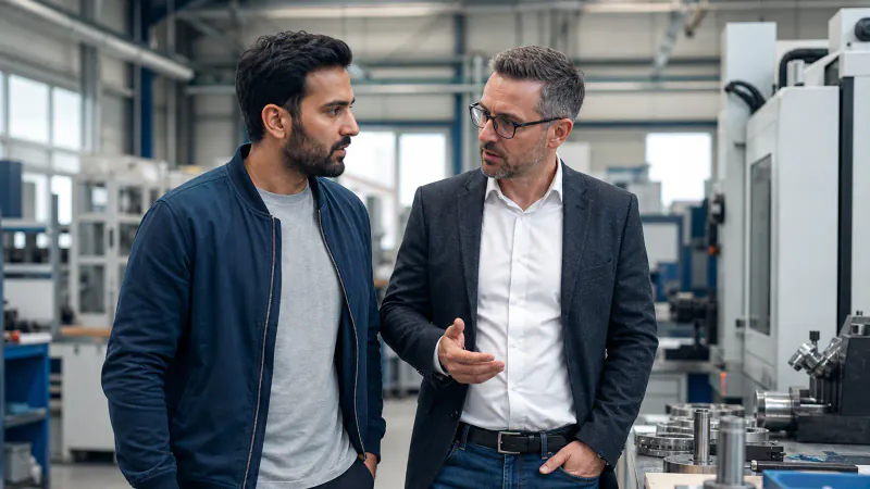 International applicant and German employer discussing a skilled role in a modern workshop