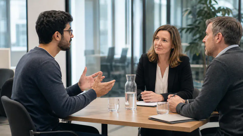 International skilled applicant speaking with HR and departmental managers in a structured interview
