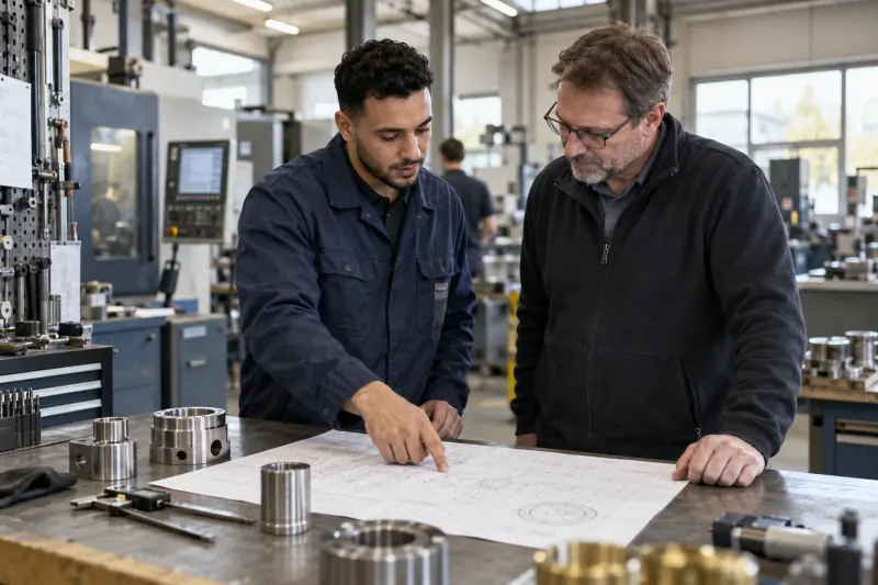 Techniker und Werkstattleiter besprechen in einer Metallwerkstatt eine technische Zeichnung