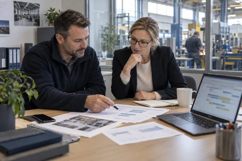 Betriebsleiter und kaufmännische Kollegin besprechen eine Personalplanung mit Blick auf die Werkstatt