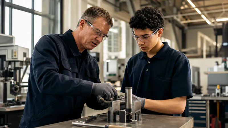 Trainer explaining a practical work step to an international apprentice in a modern workshop