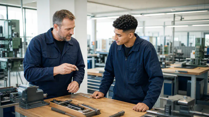 German trainer explaining a workstation to a Moroccan apprentice in a training workshop