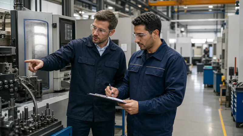 Technical supervisor and Moroccan skilled worker reviewing a checklist during a workplace tour