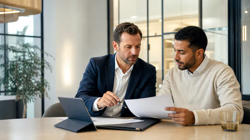 German employer and Moroccan skilled worker jointly reviewing a recruitment profile and documents in an office