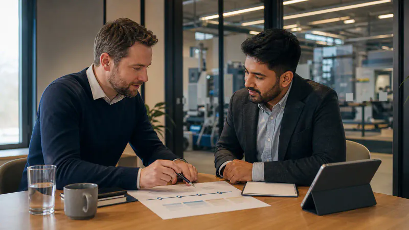 Führungskraft und neuer internationaler Mitarbeiter besprechen gemeinsam den Einarbeitungsplan für die ersten 90 Tage